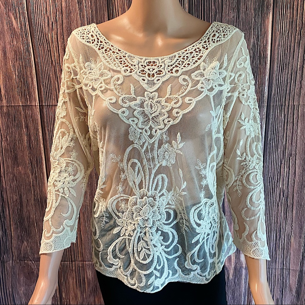Forever 21 size small cream white sheer floral lace long sleeve boho blouse